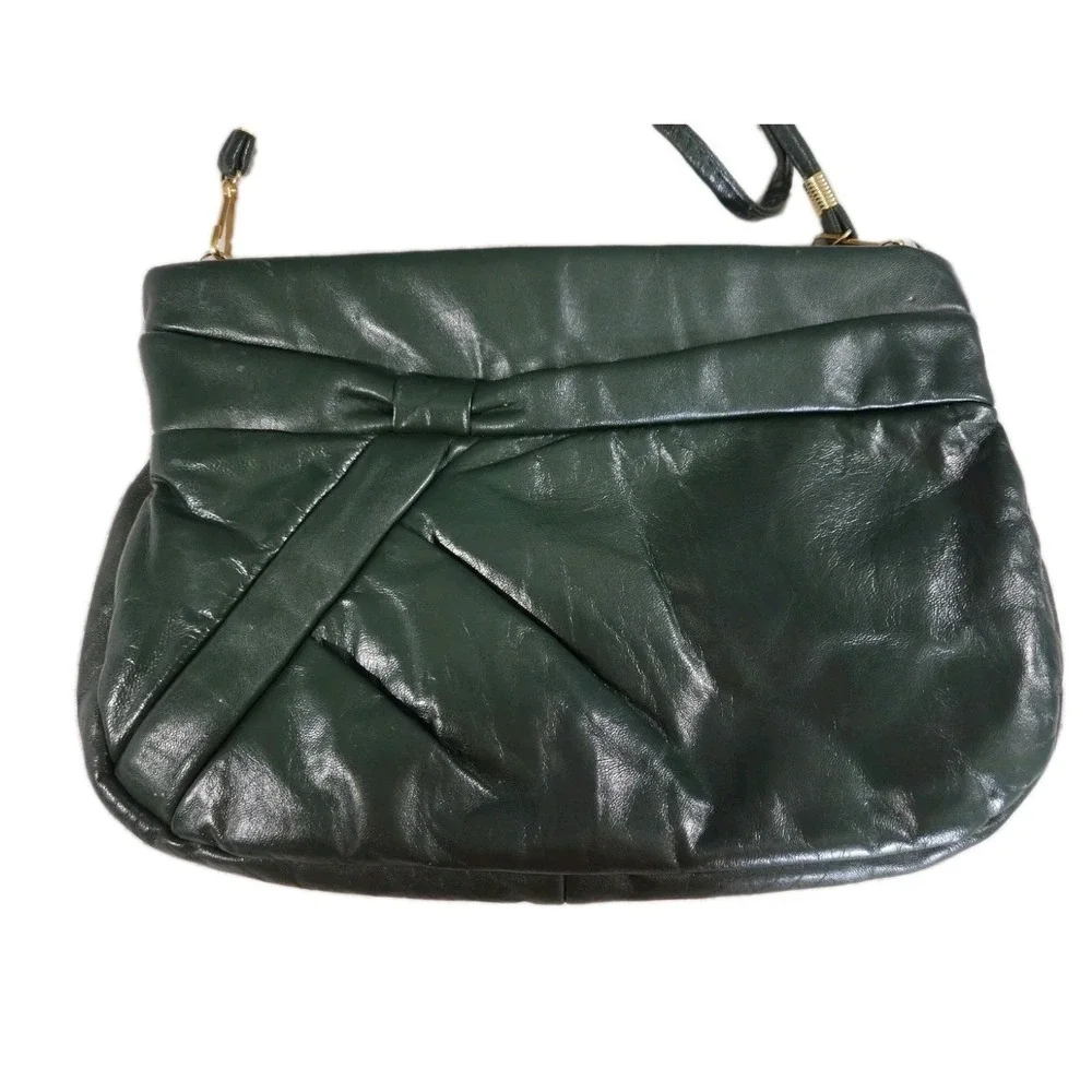 Vintage 1970s Dark Green Leather Clutch Shoulder Bag
